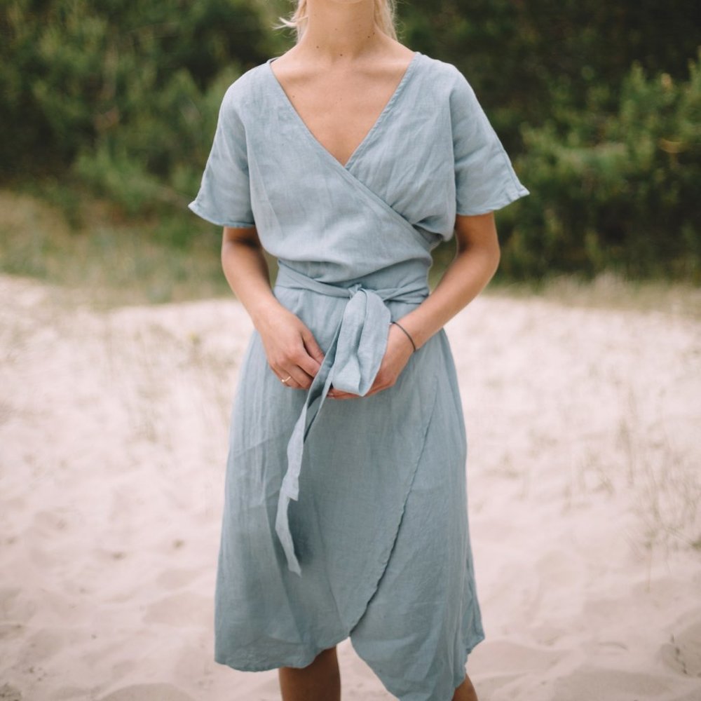 Linenfox Wrap Dress, sea green. S-M